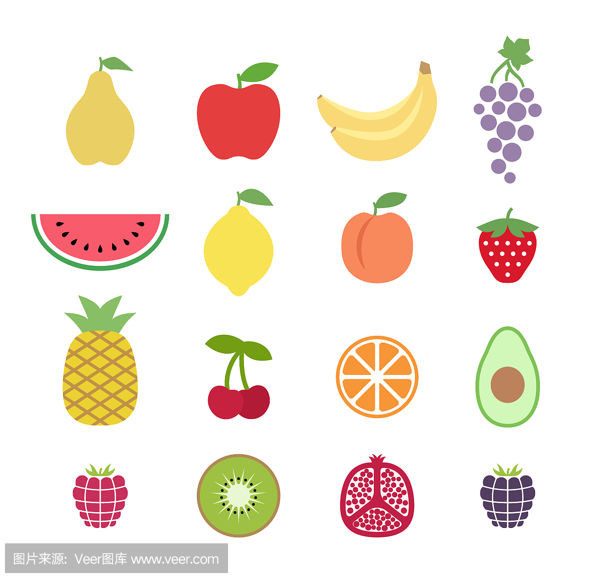 一整套五颜六色的剪贴画水果。水果图标设置。