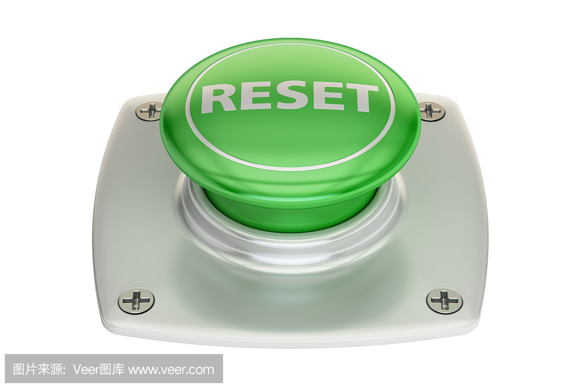 重置绿色按钮,孤立在白色背景上的3D渲染