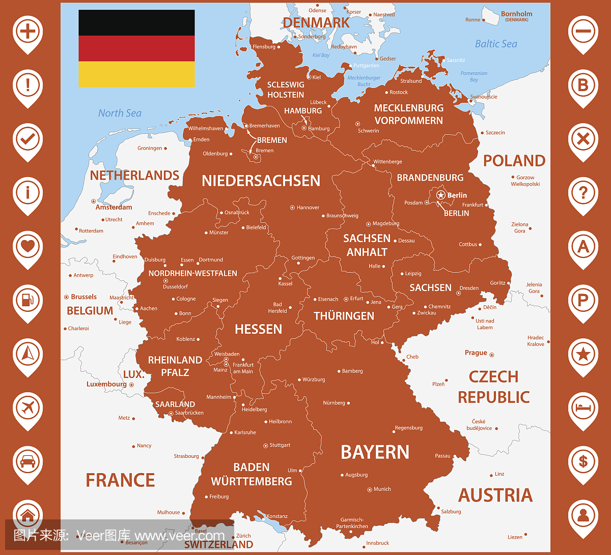 德国与地区或州和城市的资料详细地图。使用地