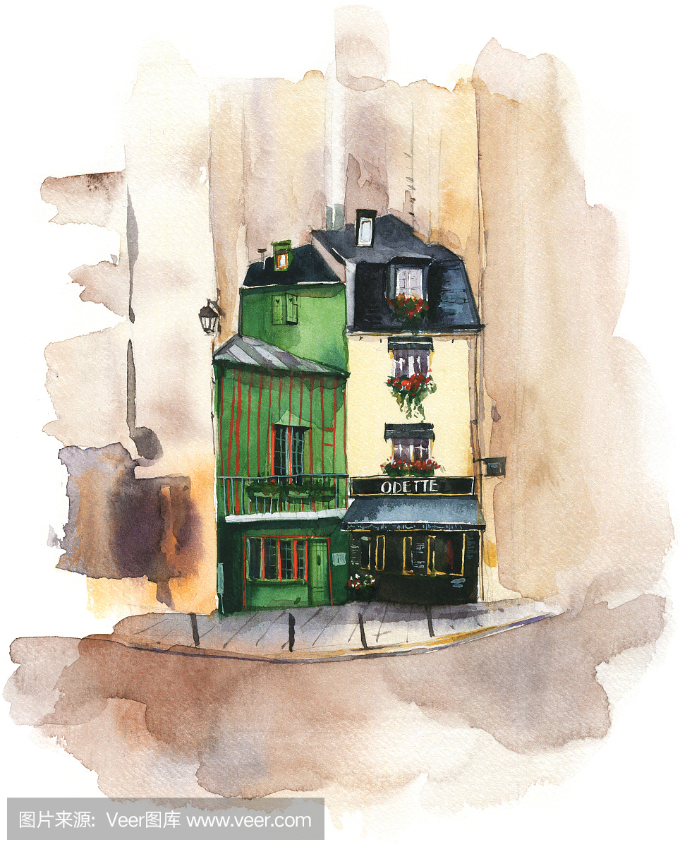 巴黎城市复古房子与周围环境。手绘水彩插图。