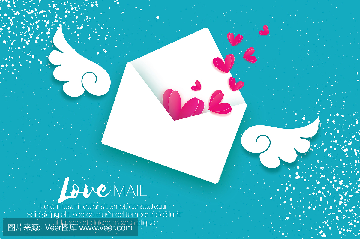 情人节贺卡。邮件爱和剪纸风格的信封。折纸粉