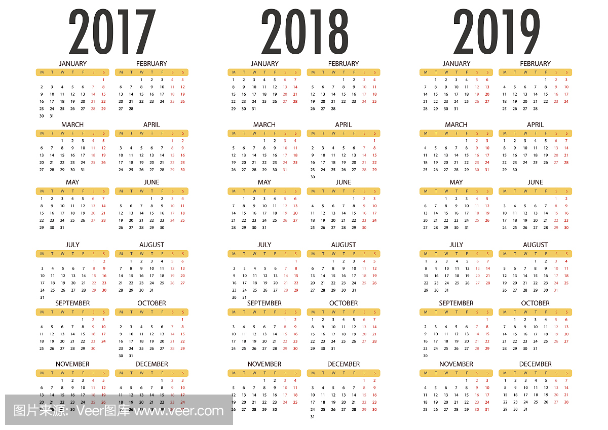 2017年的日历2018 2019在白色背景上。