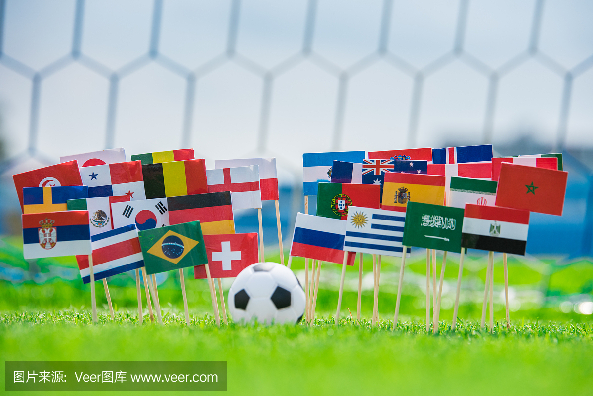 所有足球国家在绿草地上,足球球在体育场上的