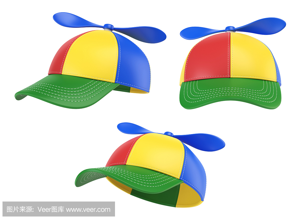 儿童帽与螺旋桨,五颜六色的帽子,各种意见,3d渲
