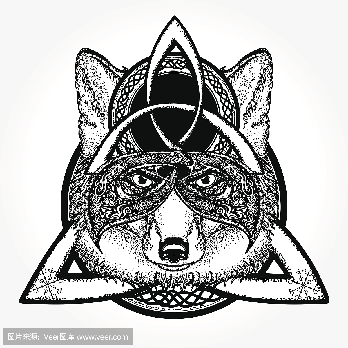 狐狸纹身和t恤设计。狐狸海盗在凯尔特风格,纹