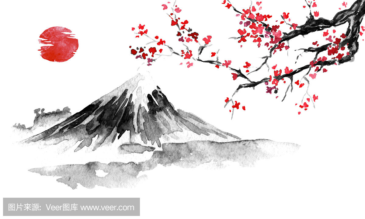 日本传统的sumi-e绘画。富士山,樱花,日落。日