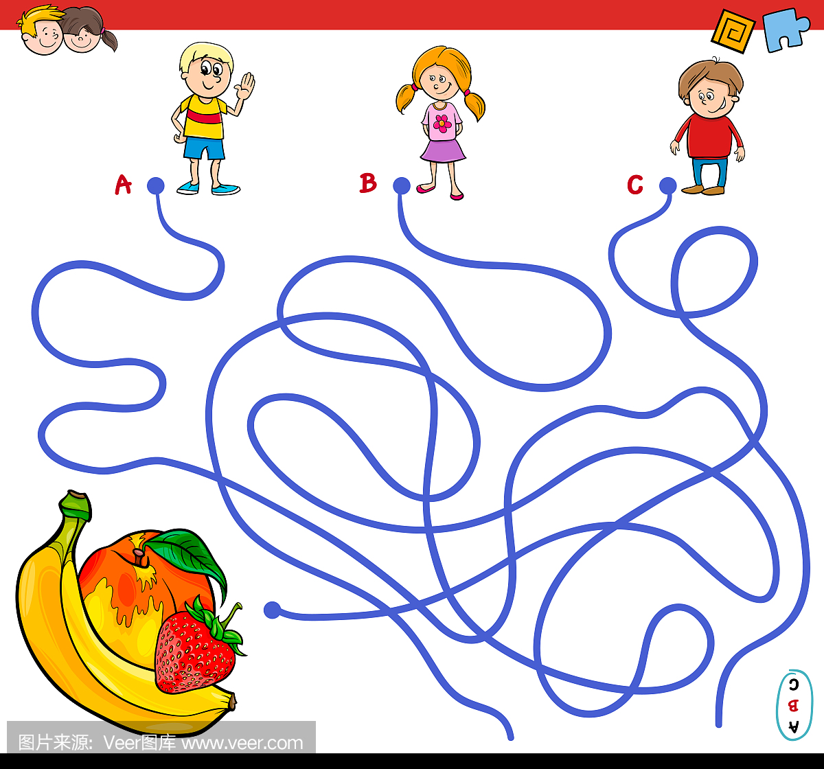 路径迷宫游戏与儿童和水果