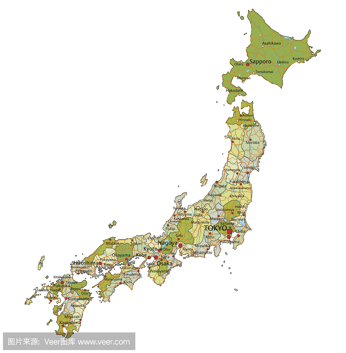 高度详细的可分层政治地图。日本。