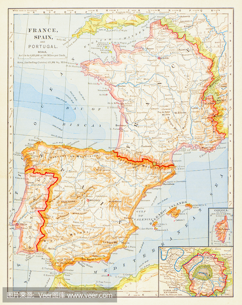 1883年西班牙,法国和葡萄牙地图