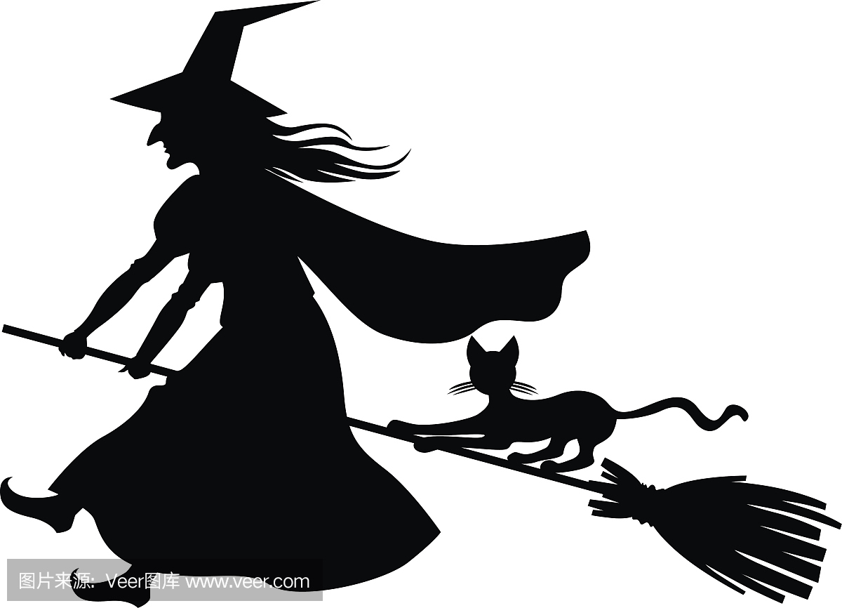 女巫和猫在扫帚上飞翔