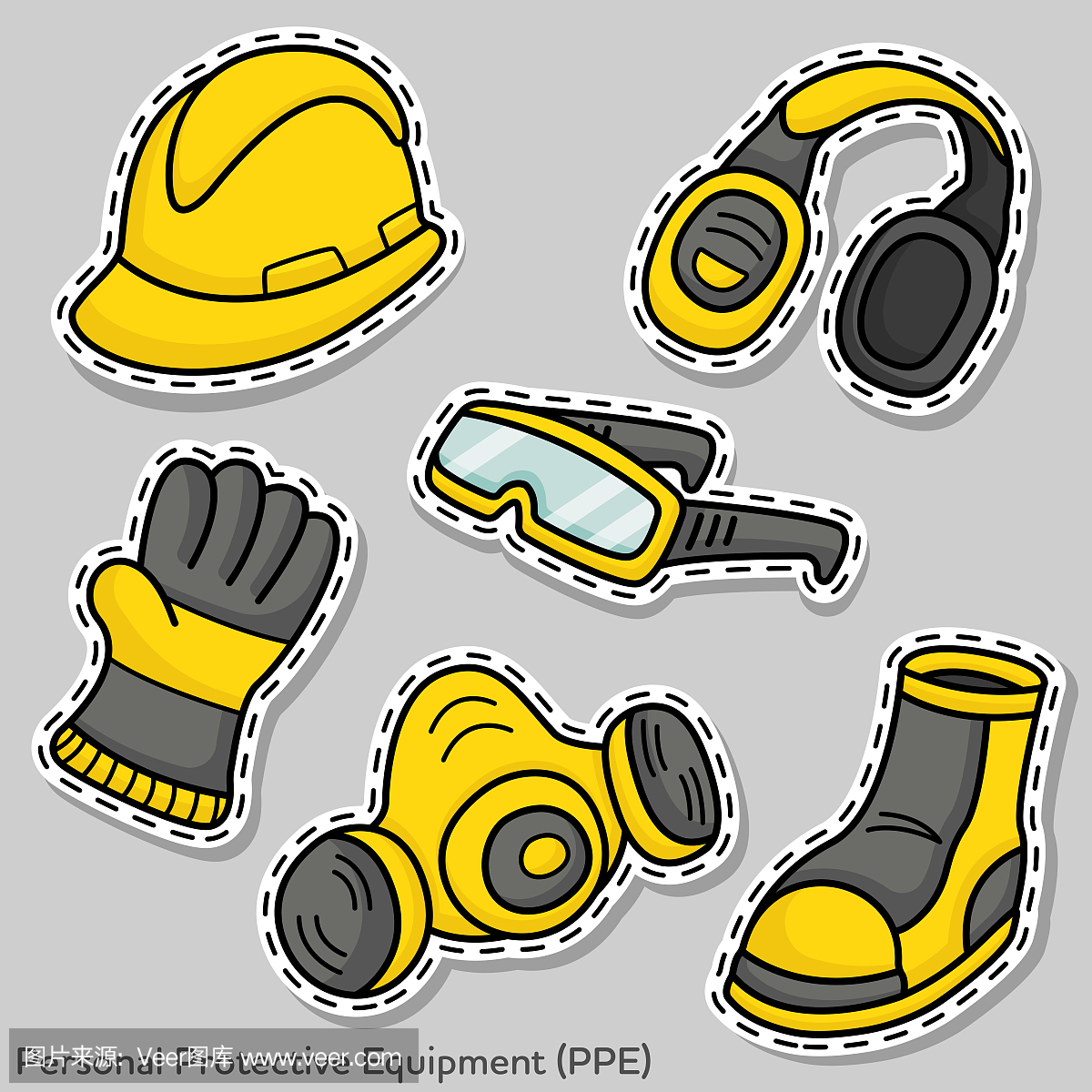 一整套平面元素矢量设计的个人防护装备(PPE