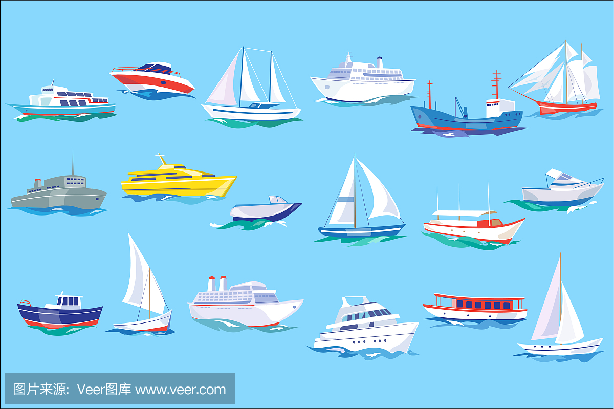 海船,船和游艇集,海洋或海洋运输概念矢量图在