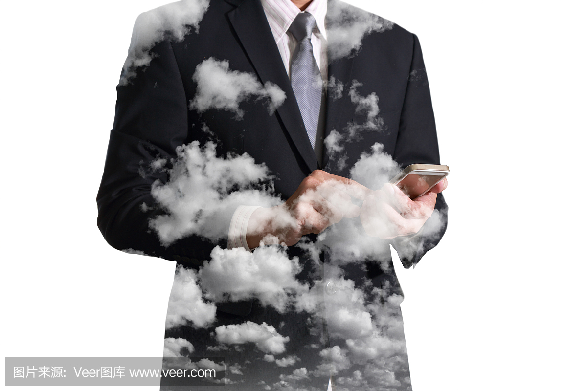 商人手持有和触摸屏智能手机,移动,云和天空的