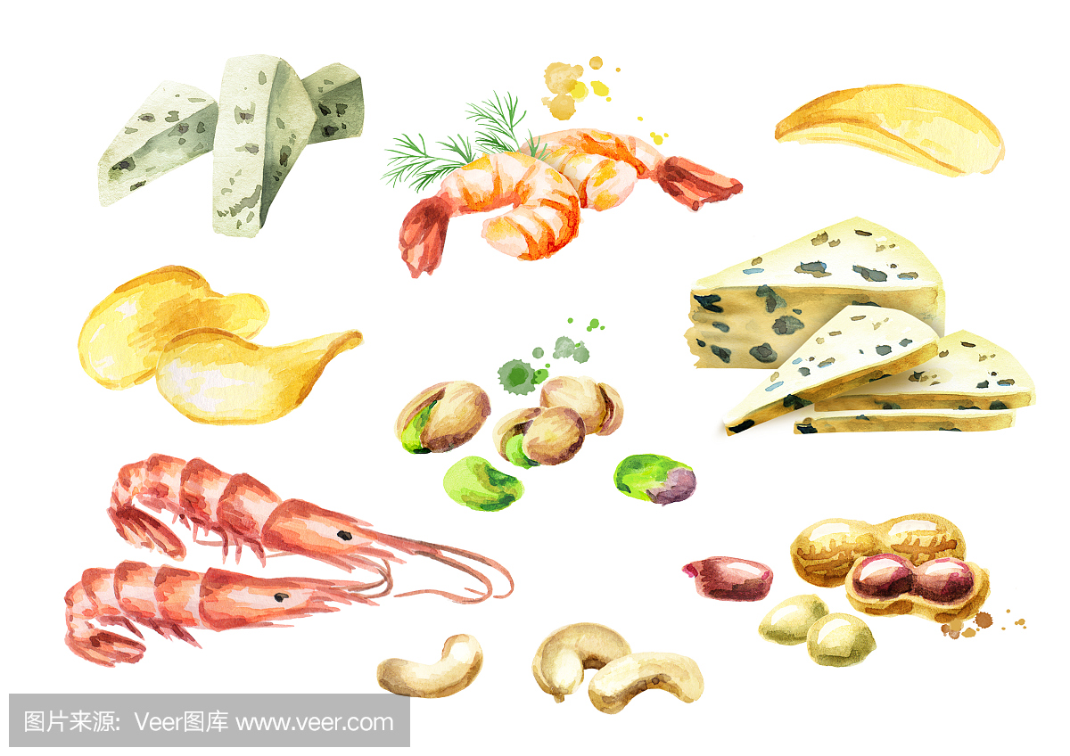 啤酒小吃设置。水彩