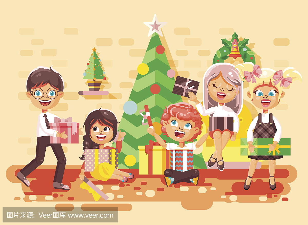 矢量图卡通人物儿童,男孩和女孩在圣诞树下的