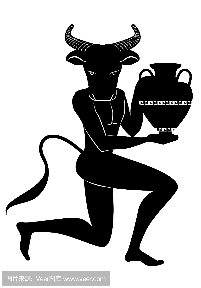 古希腊风格的十二生肖。金牛座。黑色的人与公