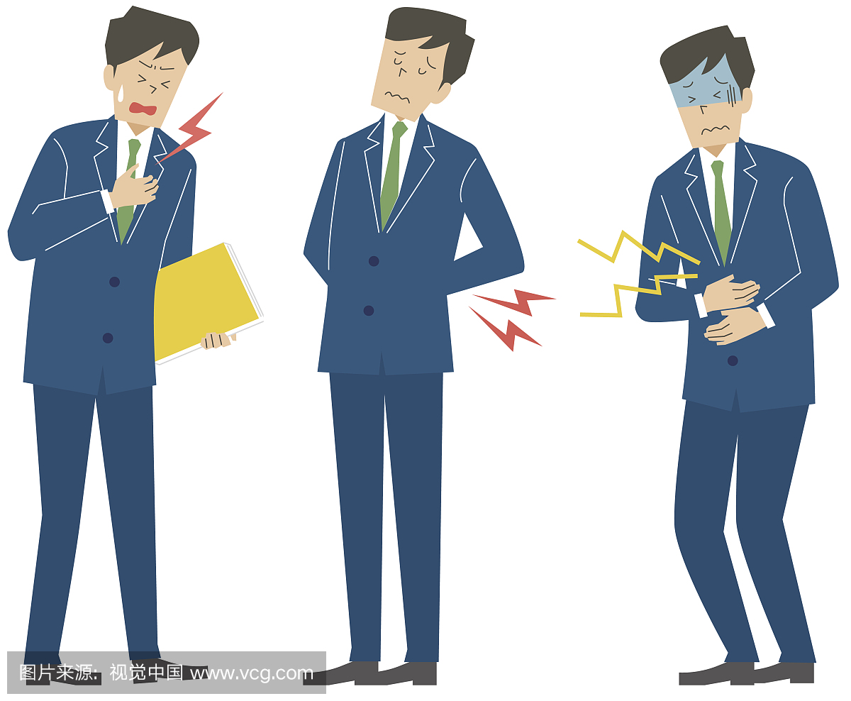 f businessman with chest pain, backache and cramp