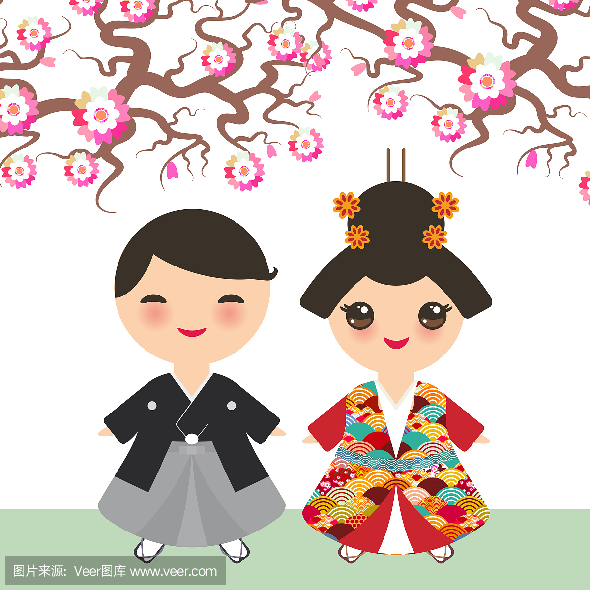 日本男孩女孩在民族服装和服,传统服饰的卡通