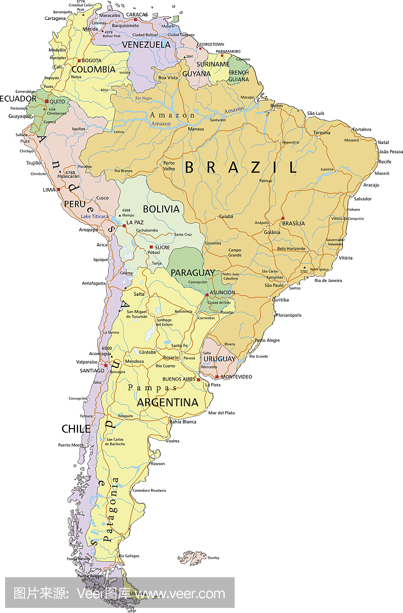 南美洲 - 具有分层的高度详细的可编辑政治地图