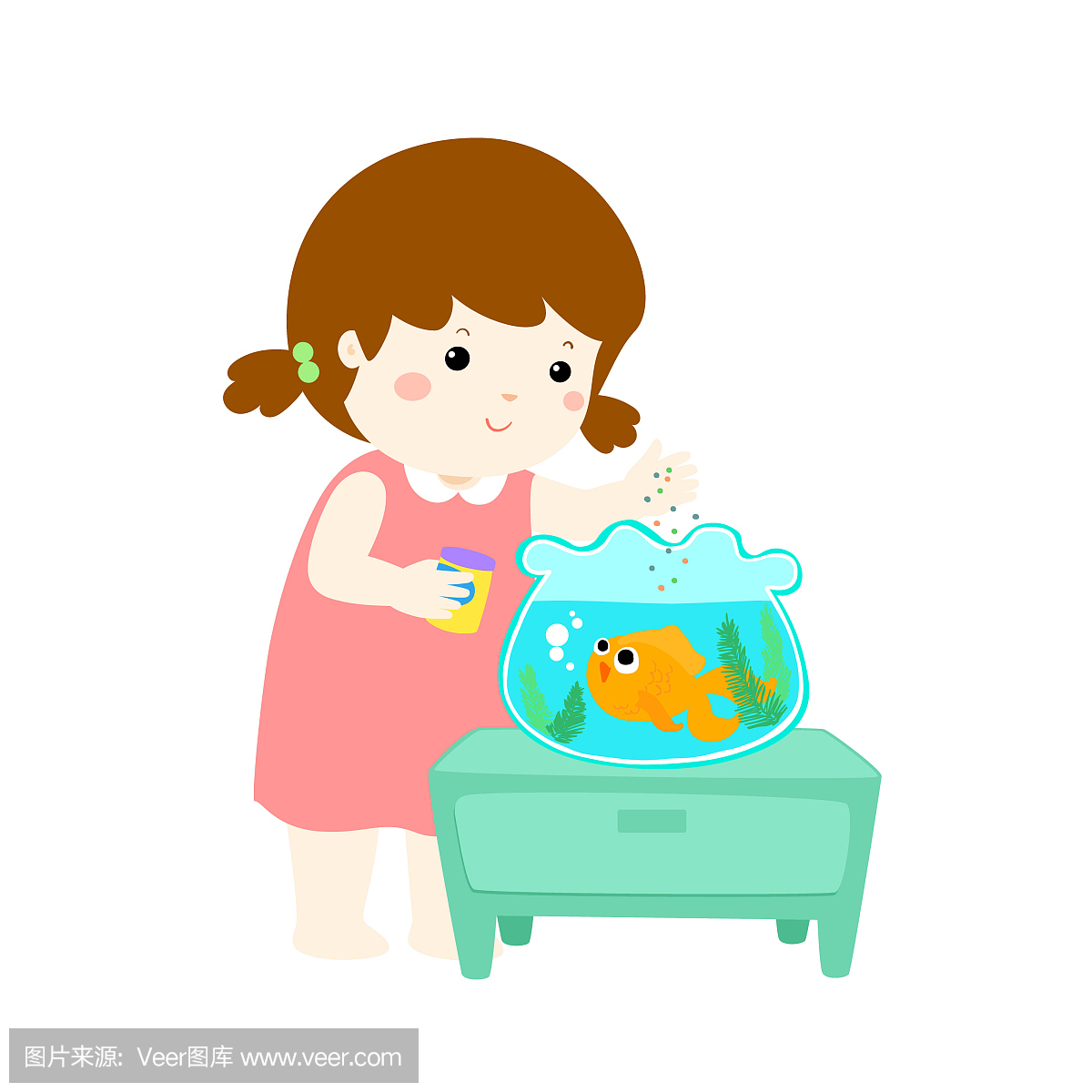 可爱的小女孩喂鱼在水族馆卡通的插图。