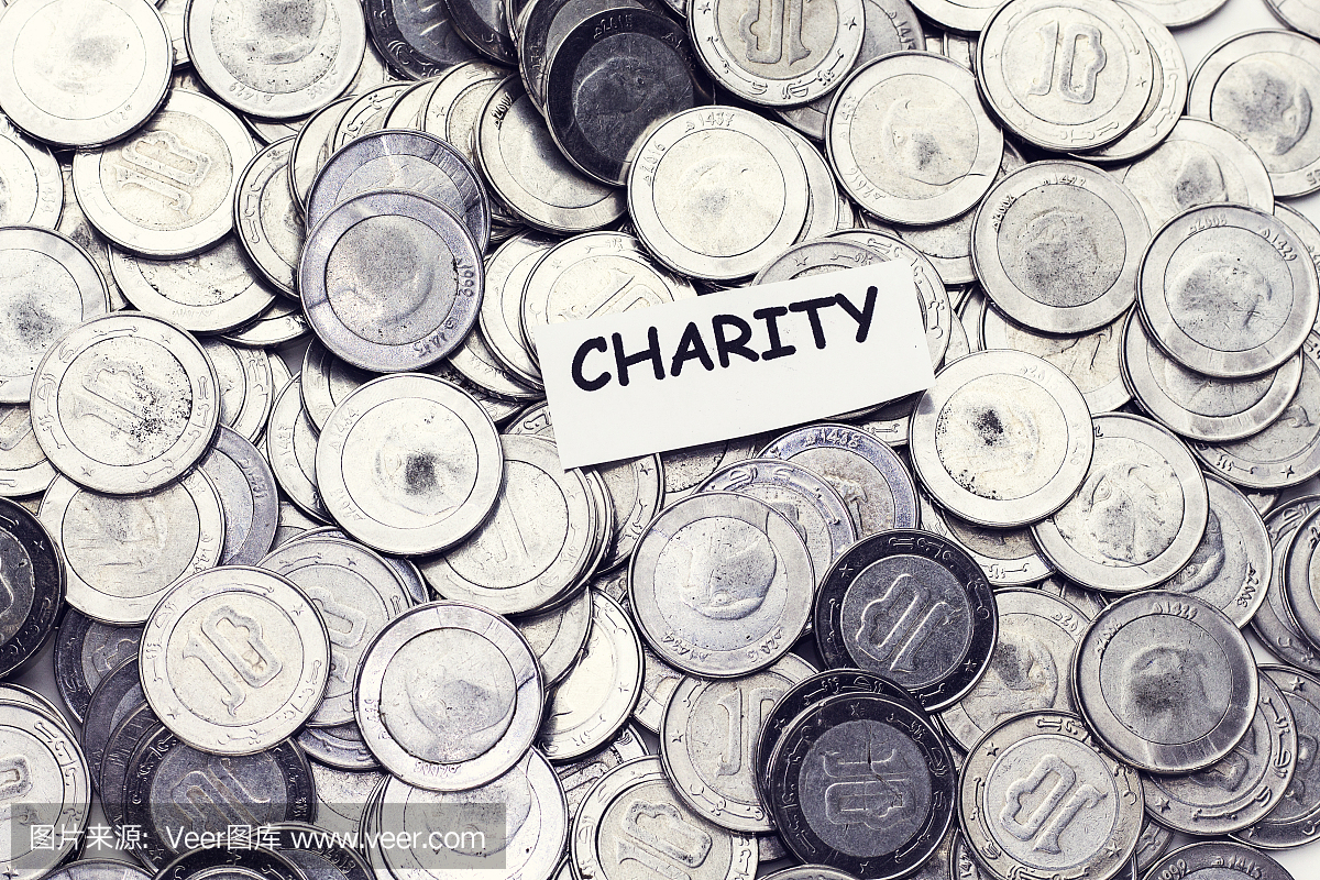 省钱概念,在阿尔及利亚硬币上方标注慈善机构