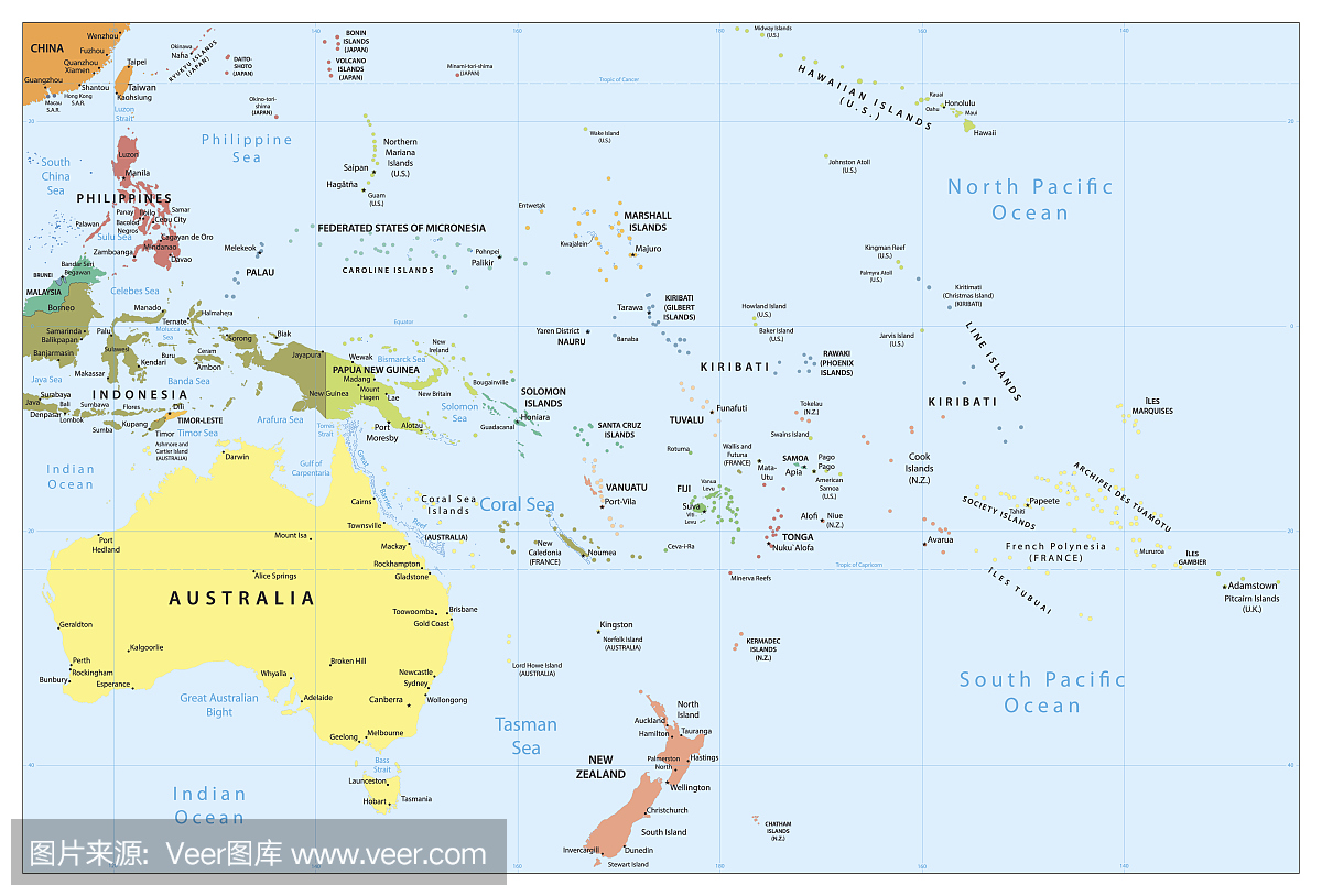 澳大利亚和大洋洲详细的政治地图