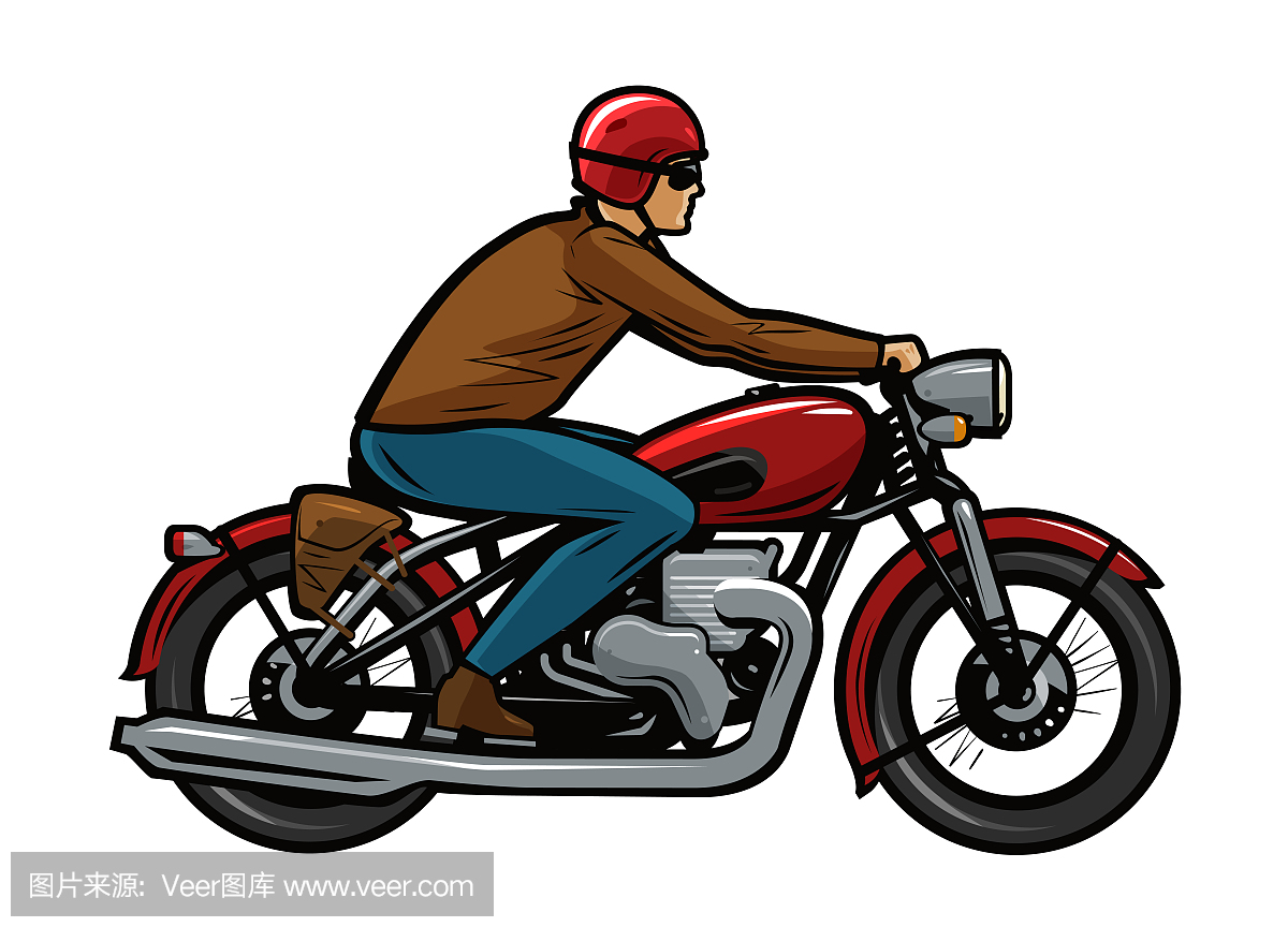 骑摩托车的骑自行车的人。卡通矢量图