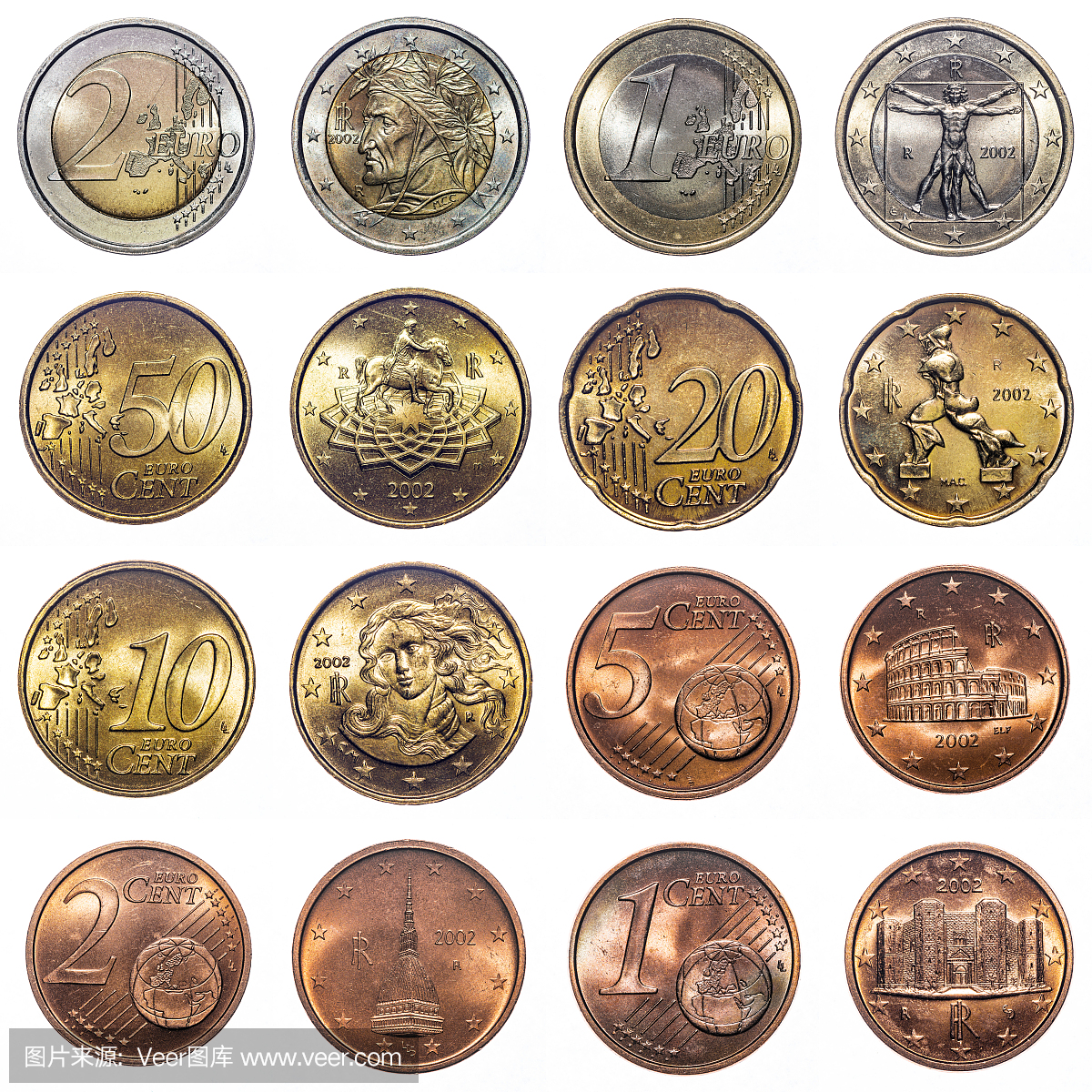 白色孤立的意大利欧元硬币收藏(2002)