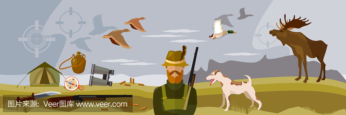 猎人与步枪和狗在森林里,鸭子狩猎弹药。狩猎