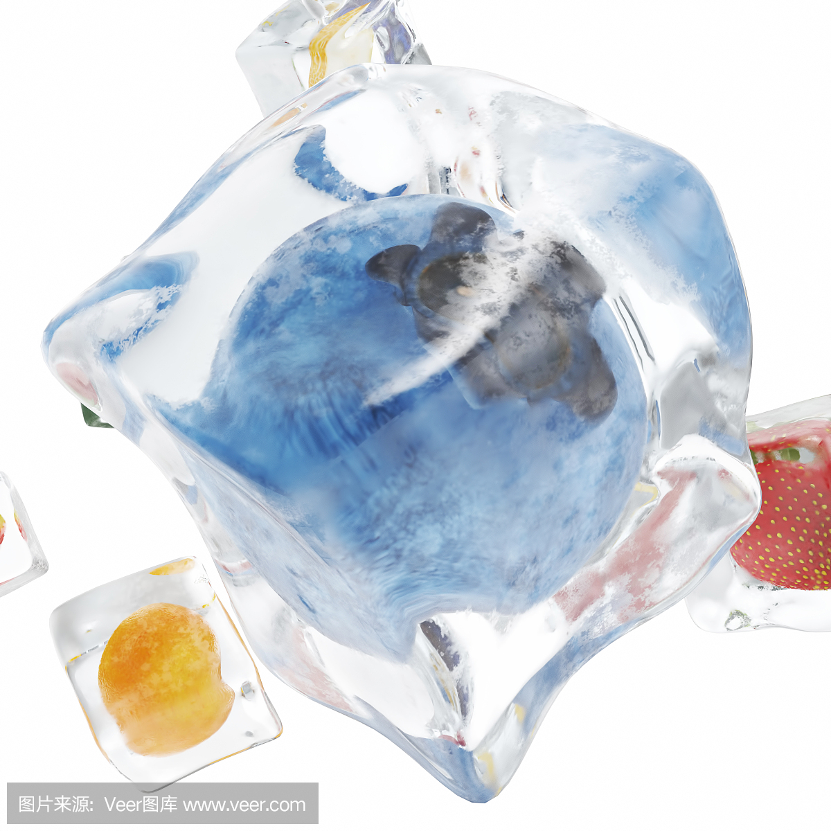 水果冻结在冰块,冰块在前视图,单个冰块隔绝在