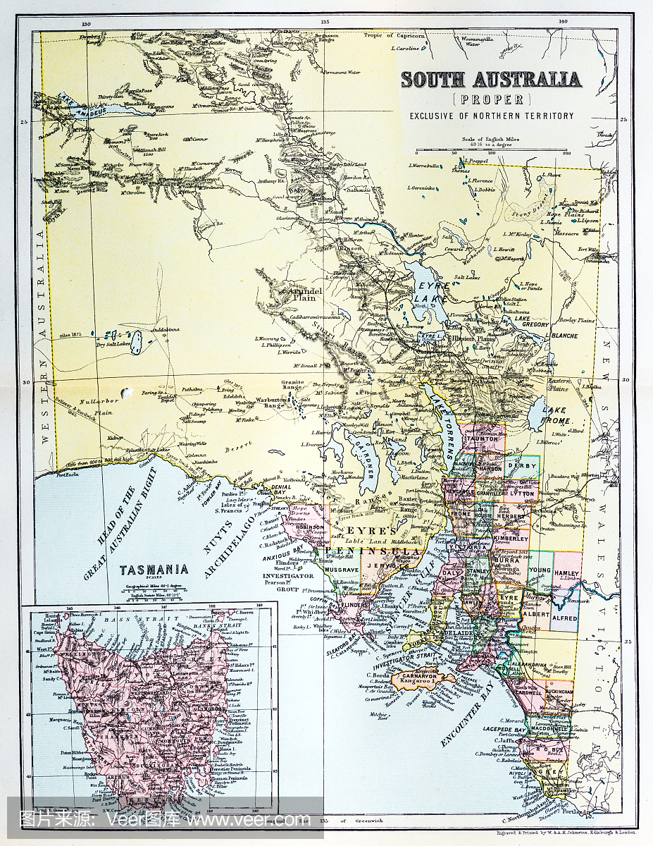 南澳大利亚和塔斯马尼亚的古色古香的地图