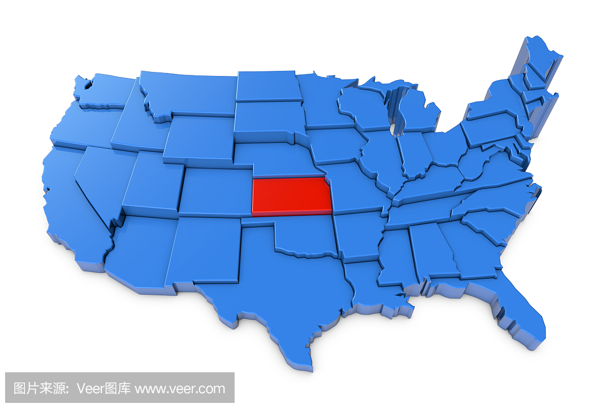 堪萨斯州的美国地图用红色突出显示