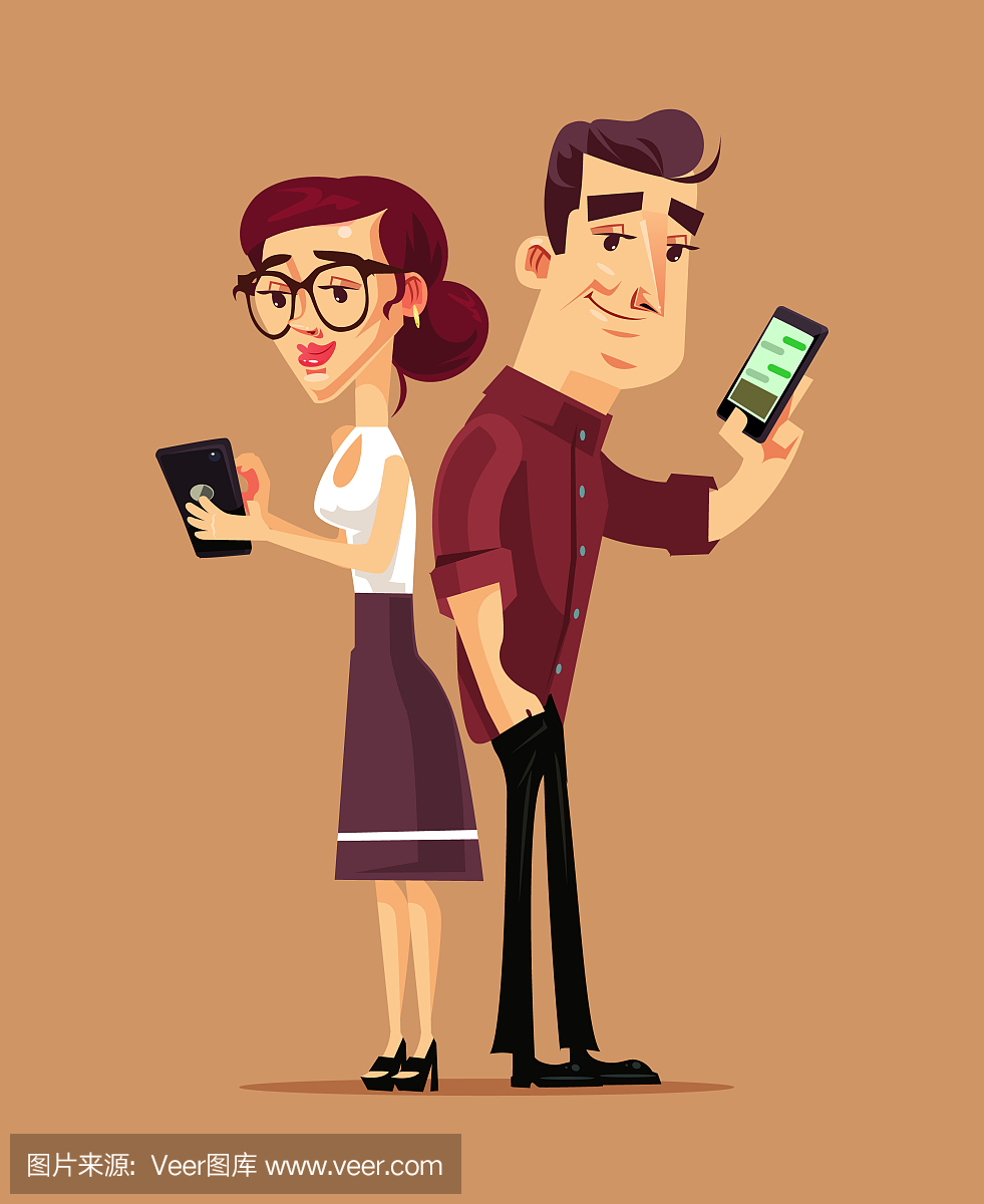 两个人通过在线使用智能手机结合男人和女人的