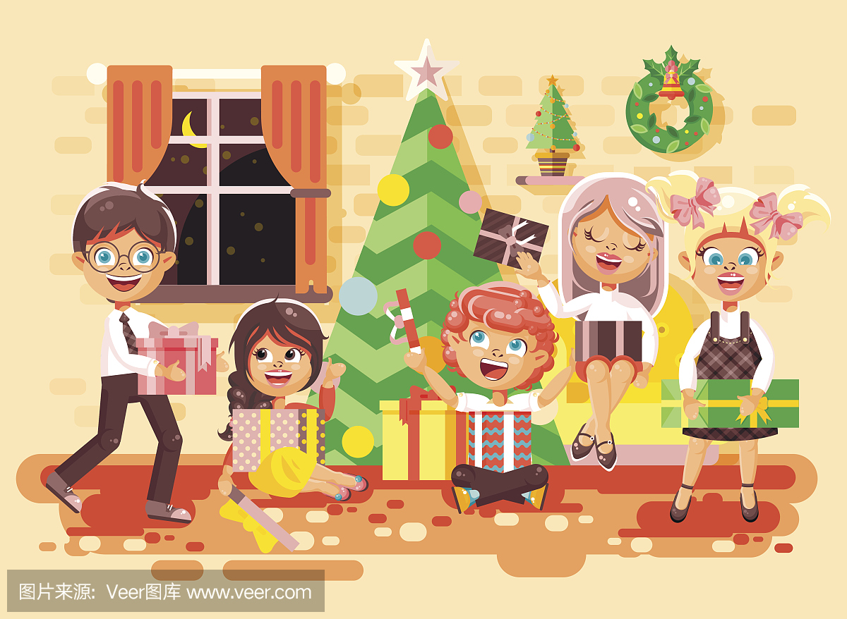 矢量图卡通人物儿童,男孩和女孩在圣诞树下的