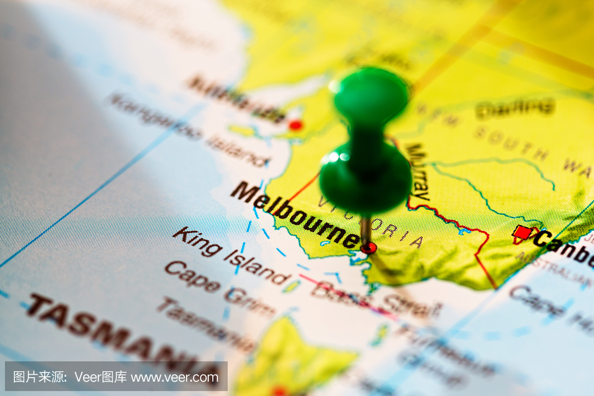 墨尔本在澳大利亚地图上标有绿色图钉