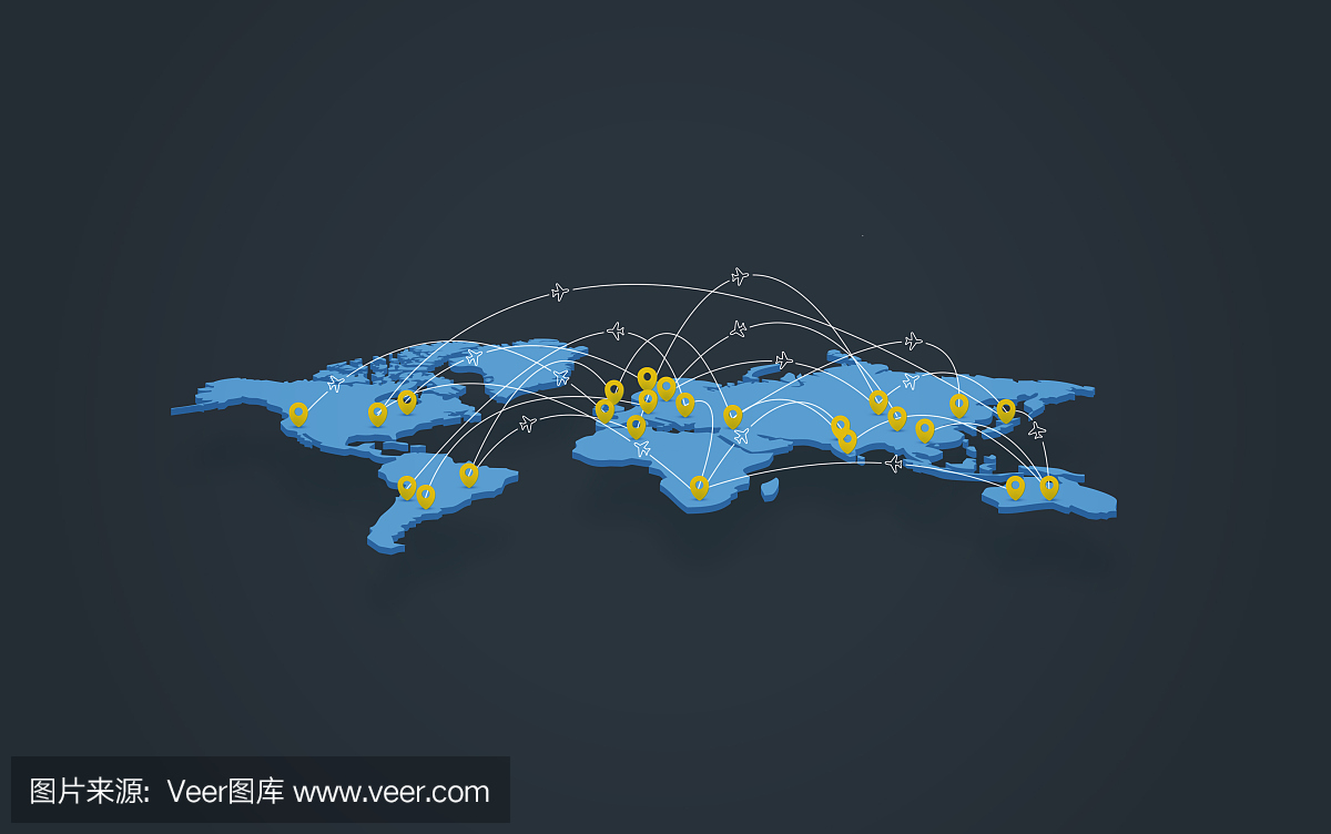 3d插图的土壤切片,蓝色世界地图与飞机路线和