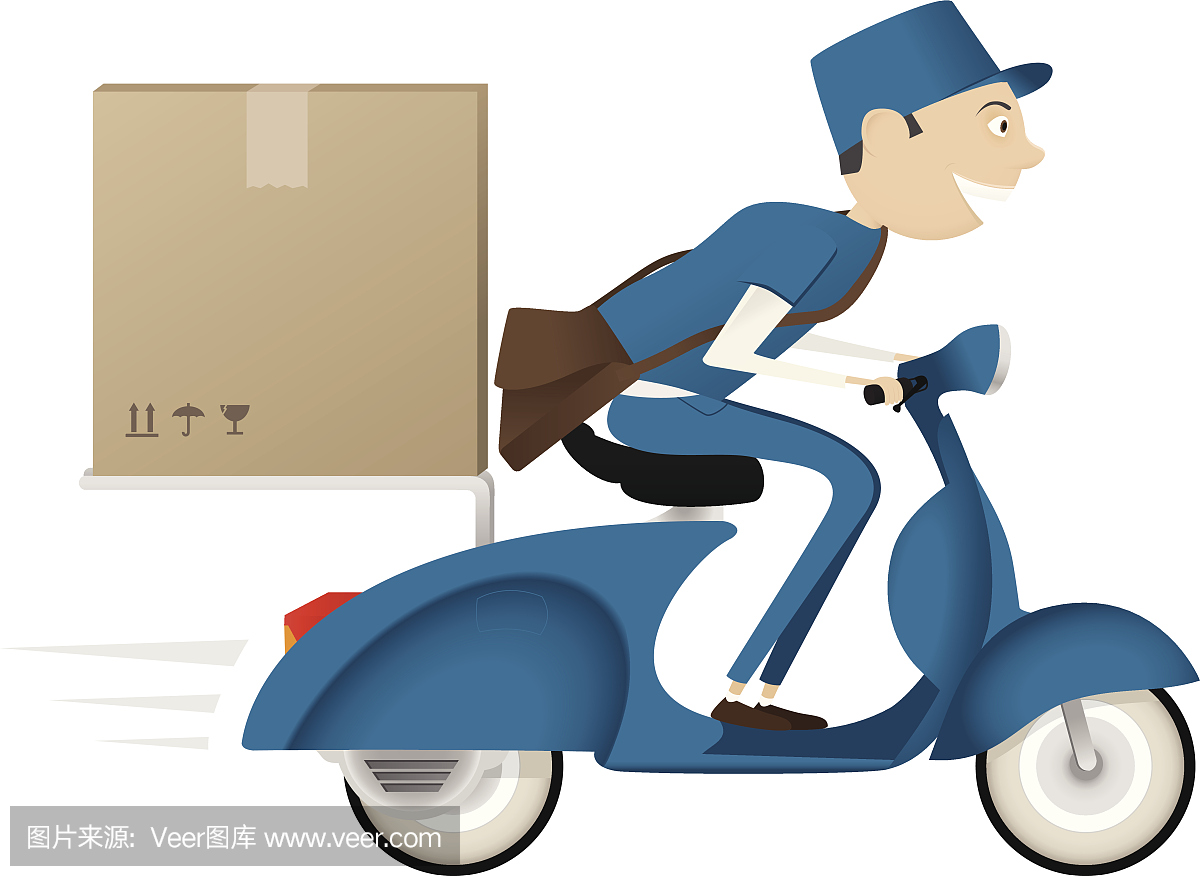 Funny postman delivering package on blue sco