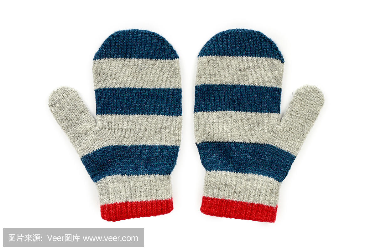 温暖的冬天儿童手套隔离在白色背景上。出售和