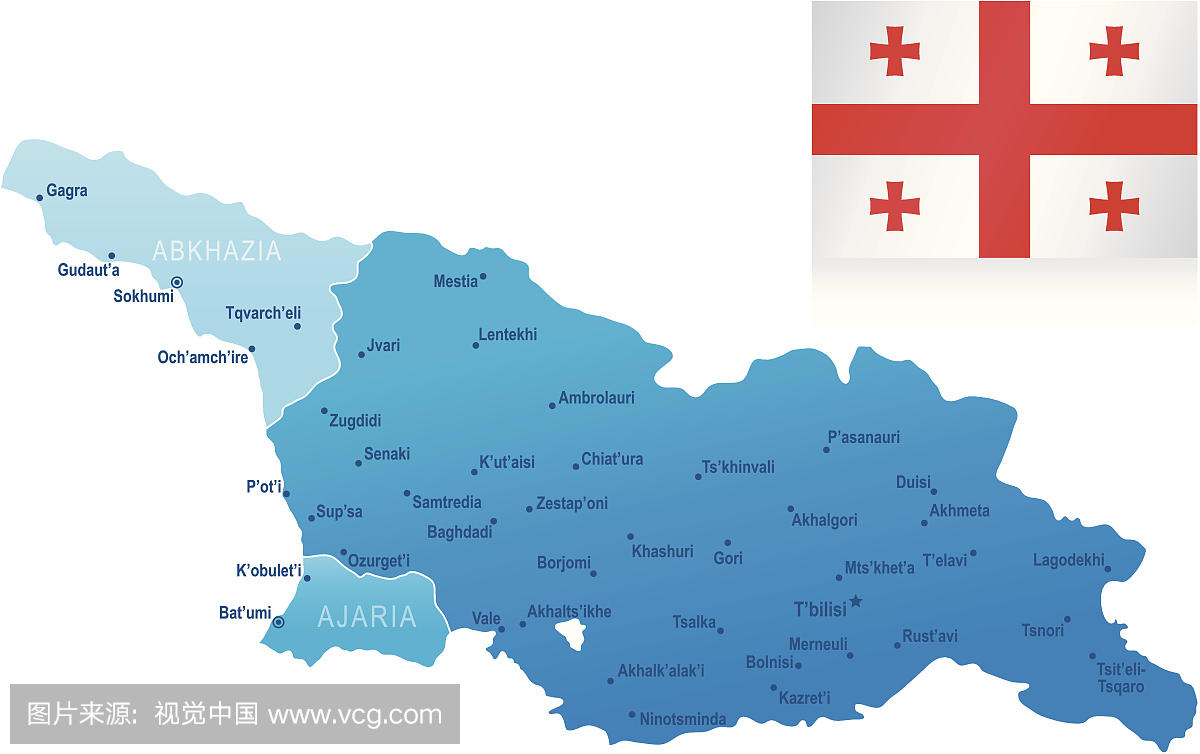 格鲁吉亚地图 - 州,城市和国旗