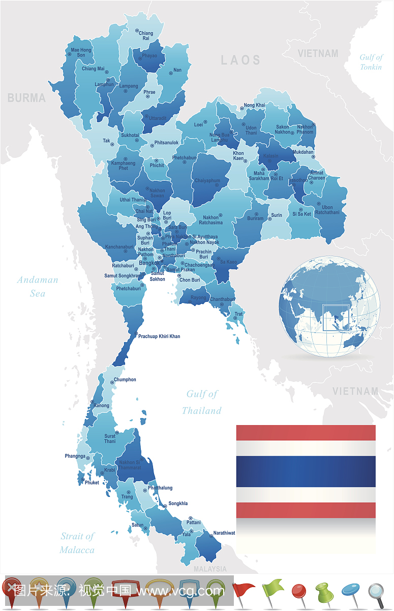 泰国地图 - 州,城市,国旗和导航图标