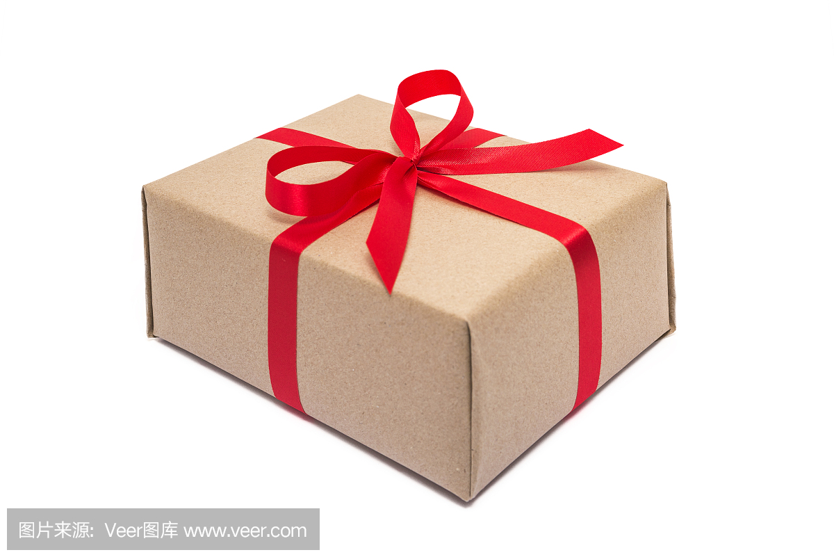礼物盒与红丝带蝴蝶结,孤立在白色