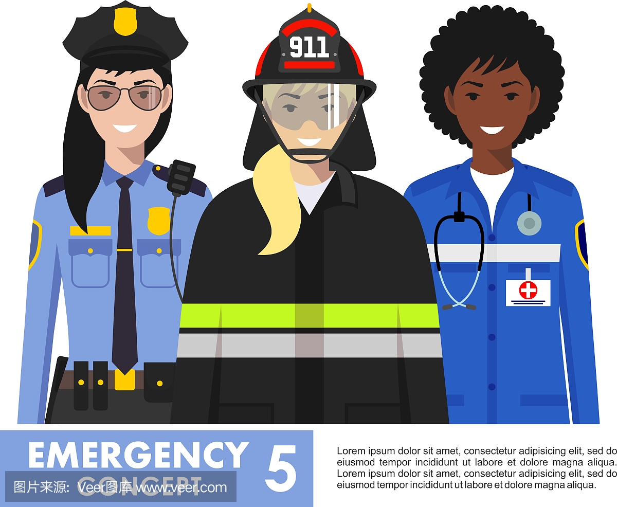 紧急的概念。女消防员,医生和警察在白色背景