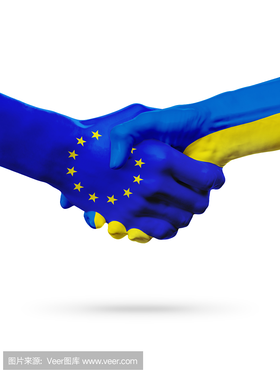 标志欧盟,乌克兰国家,伙伴关系友谊握手概念。