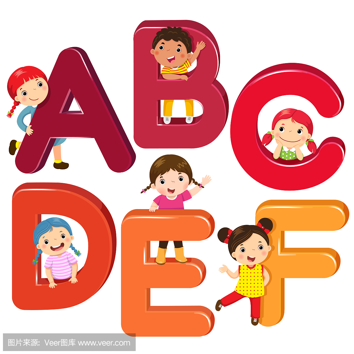 Cartoon kids with ABCDEF letters
