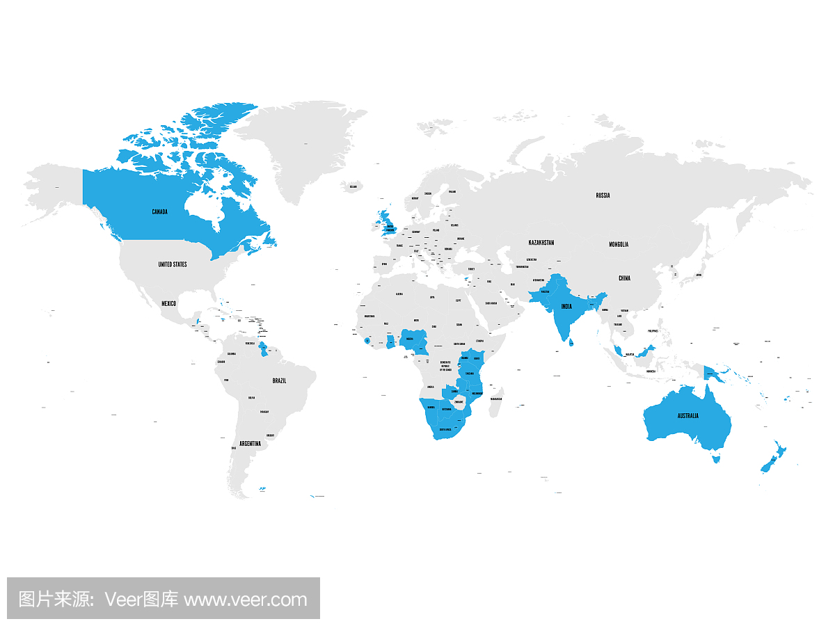 英联邦成员国的蓝色在世界地图上突出显示。矢