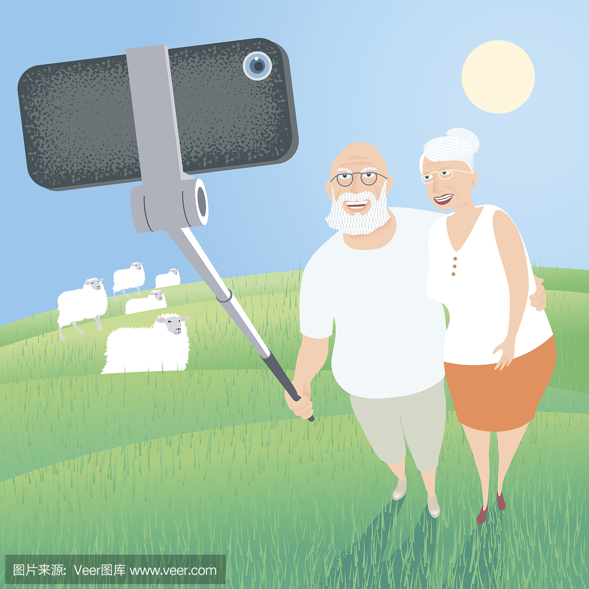 一组老人用智能手机制作自拍照片