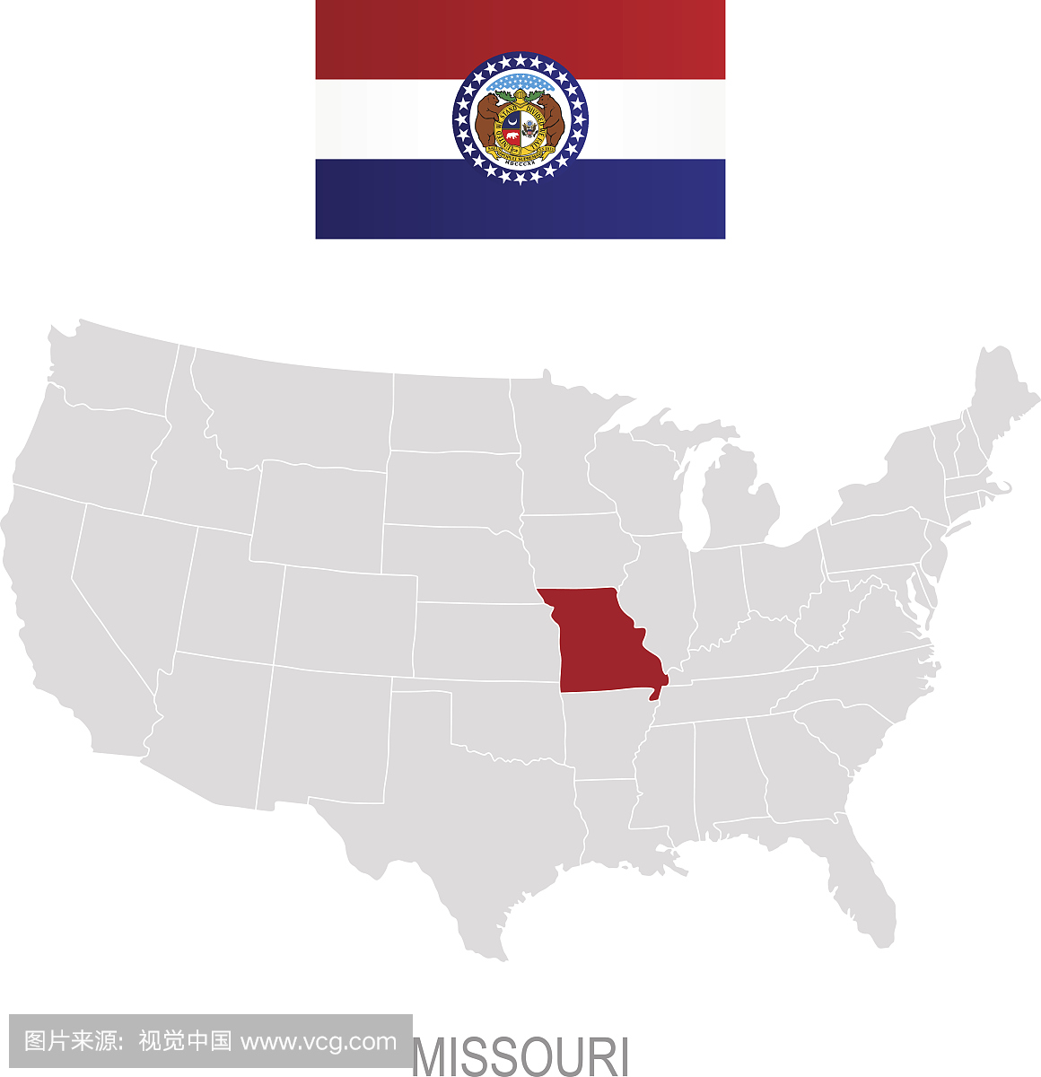 密苏里州旗和美国地图上的位置
