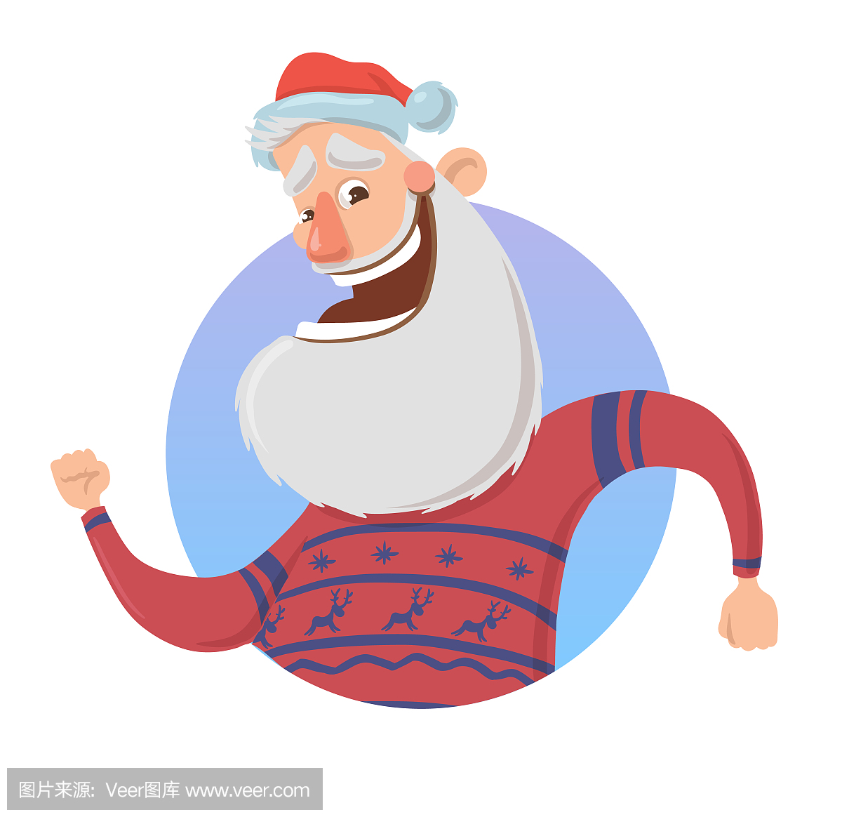 与有趣的圣诞老人微笑和挥舞着的手。鹿毛衣圣