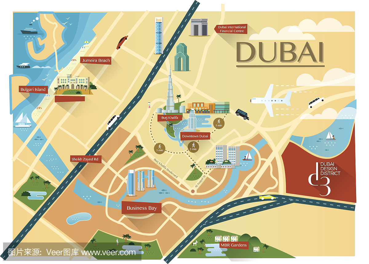 迪拜地图与建筑物 - 平
