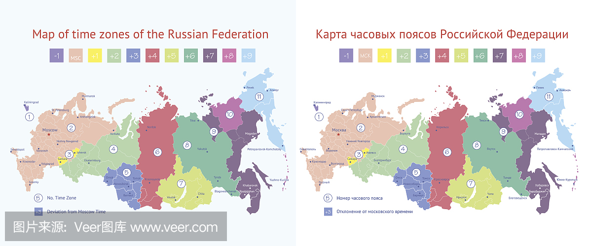 新时区的彩色地图俄罗斯,边界,城市。